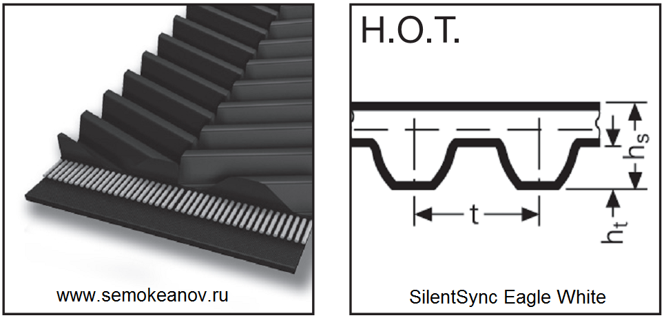 Основные размеры зубчатого шевронного ремня SilentSync W-1000